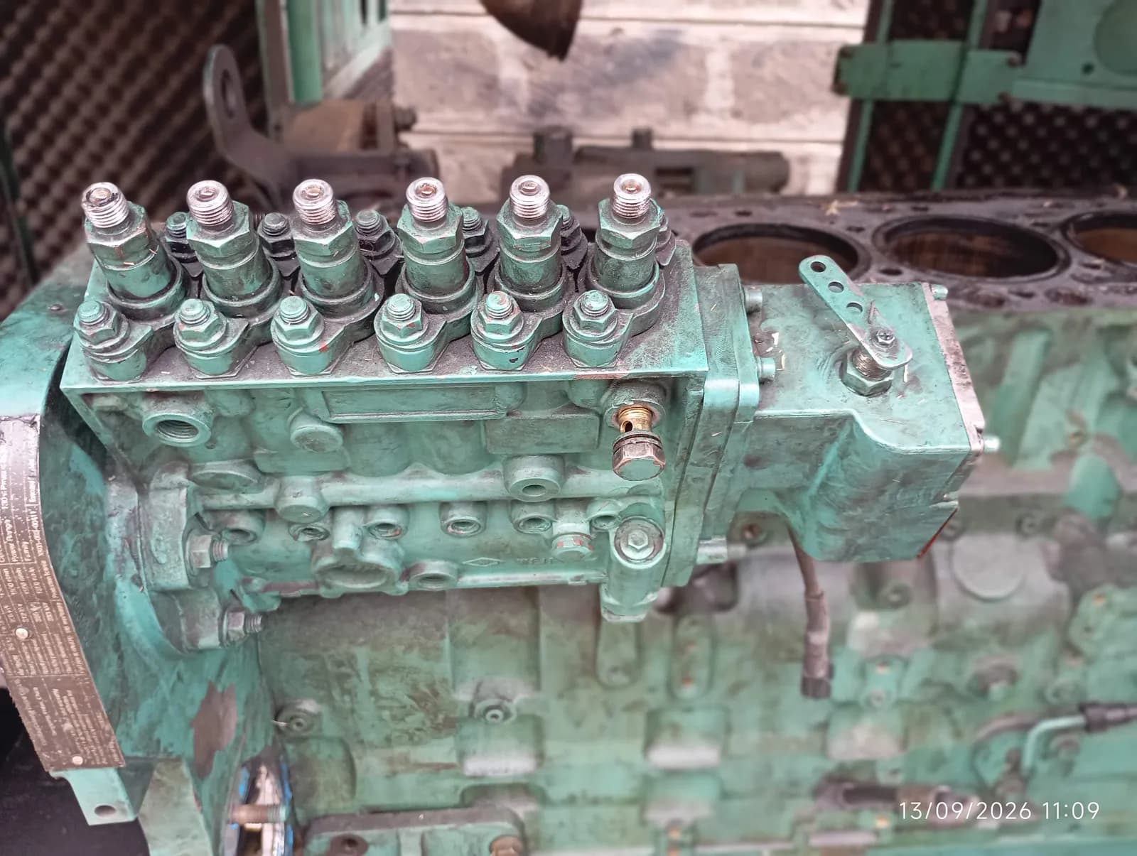 Inline fuel injection pump on a generator engine during overhaul