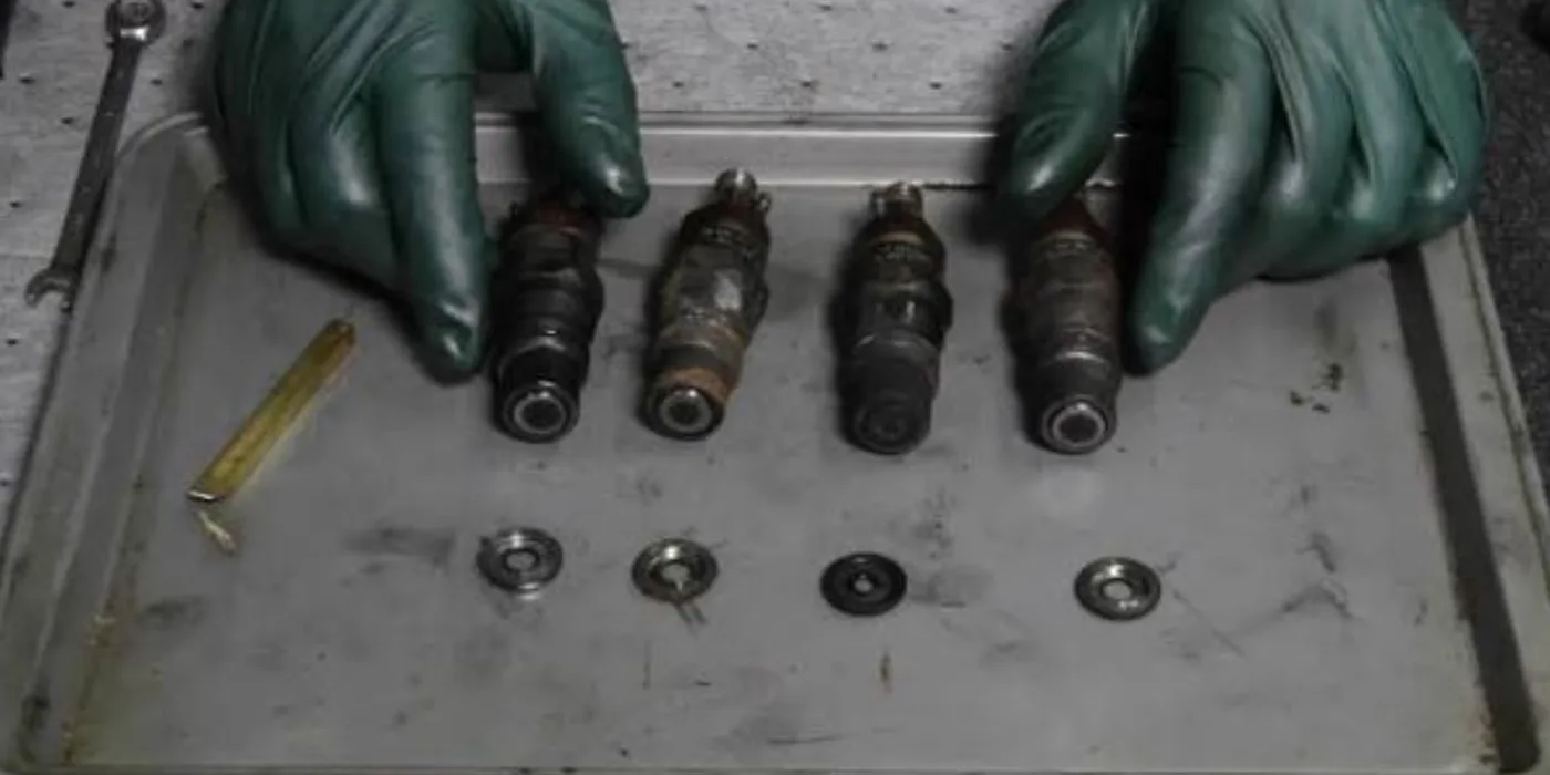 Diesel injector detail during spray-pattern and opening-pressure testing