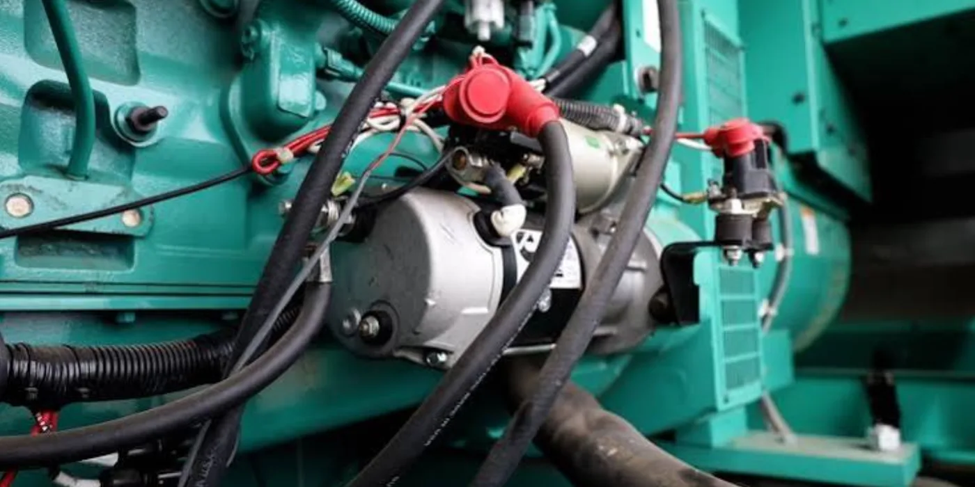Starter motor and solenoid mounted on a Cummins generator engine, with battery cables and red terminal boots, before removal for overhaul