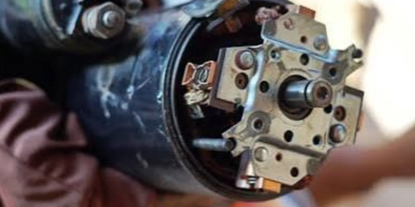 Starter motor components on the workshop bench during inspection and repair