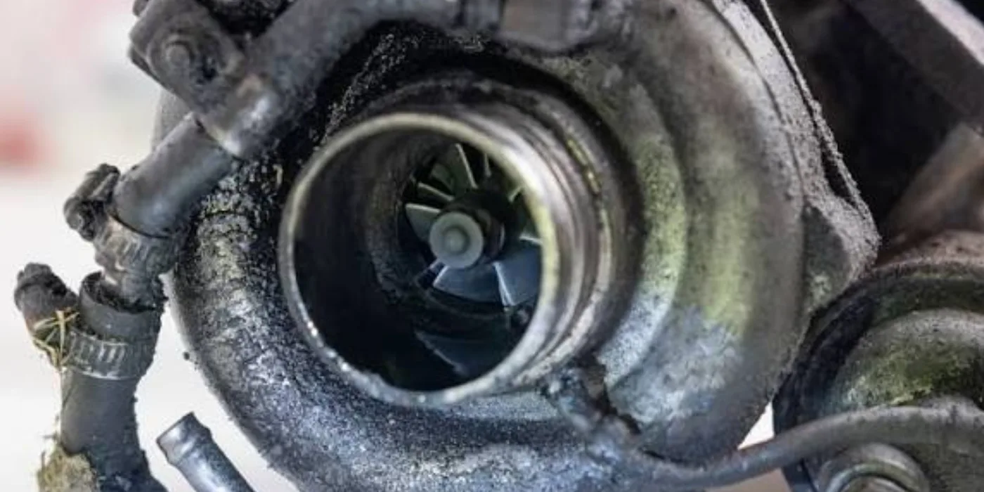 Turbocharger with the compressor housing exposed, showing the compressor wheel and carbon and oil deposits, during inspection at EmersonEIMS