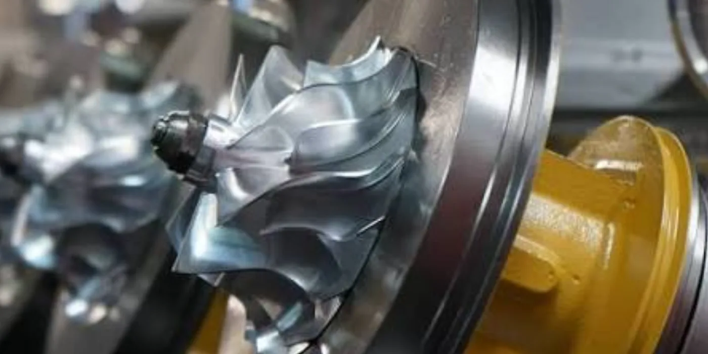 Turbocharger assessed for shaft play and wheel damage on the workshop bench