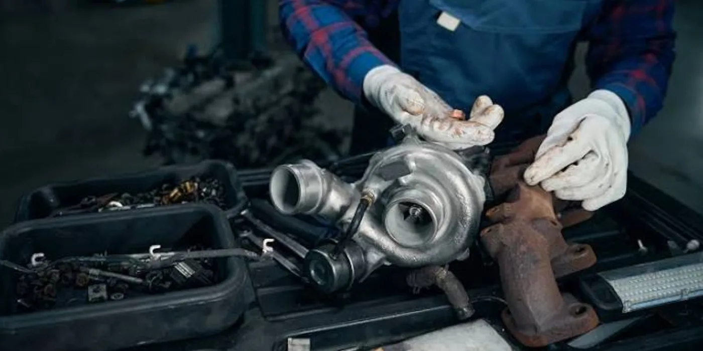Turbocharger turbine and housing detail during teardown and inspection