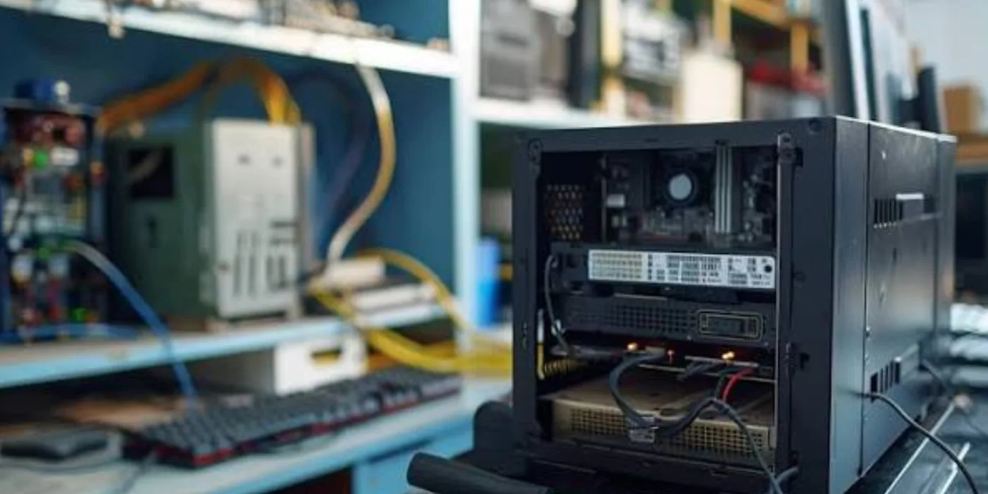 UPS internal boards and components under inspection during repair
